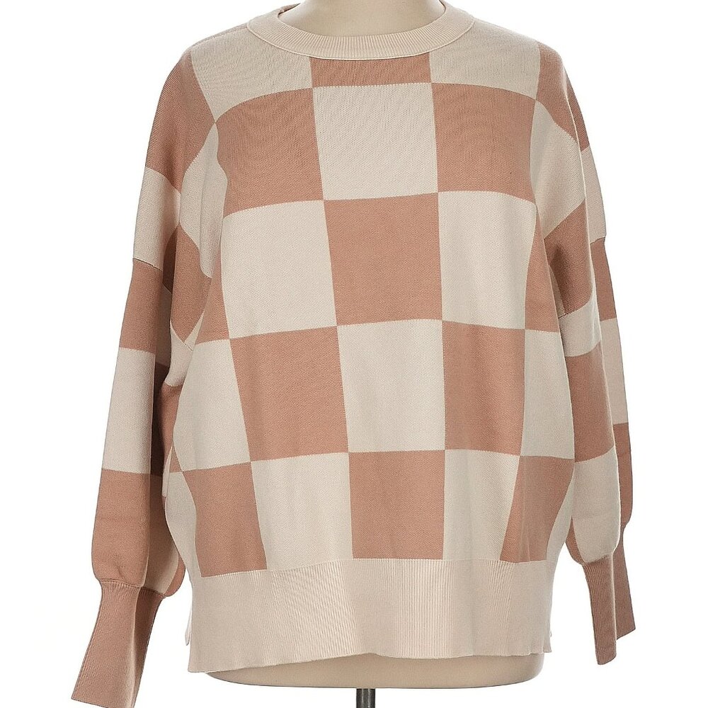 NEW Brown Cream Checkered Pattern Sweater Size XL